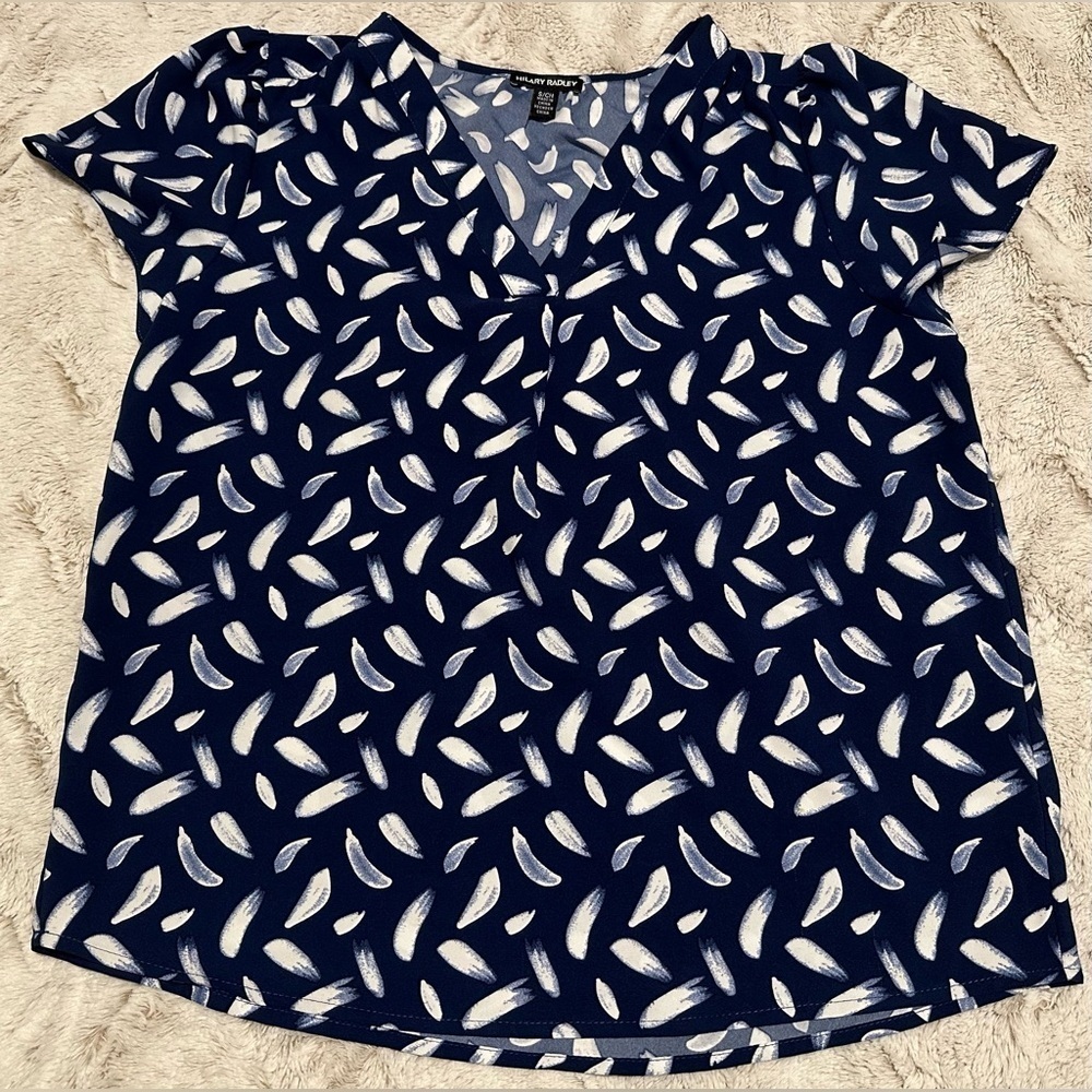 HILARY RADLEY Blue Brush Stroke Print Blouse Top Short Sleeve V-Neck SMALL - Picture 2 of 8